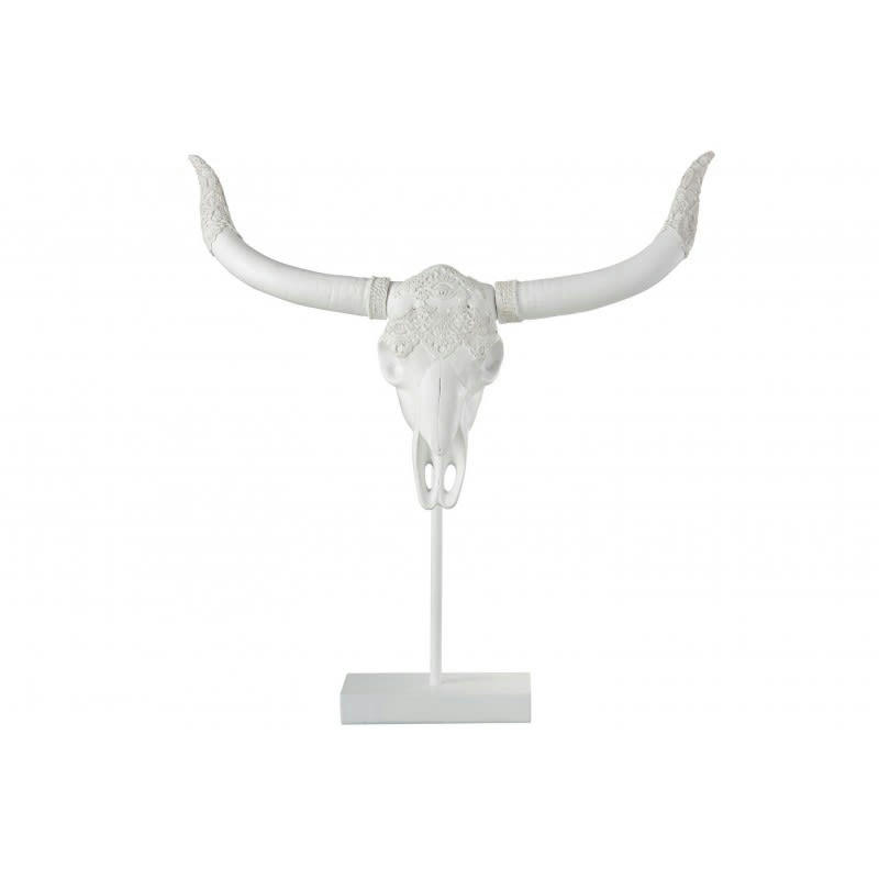 BUFFLE - Crâne sur pied résine blanc H55,5cm