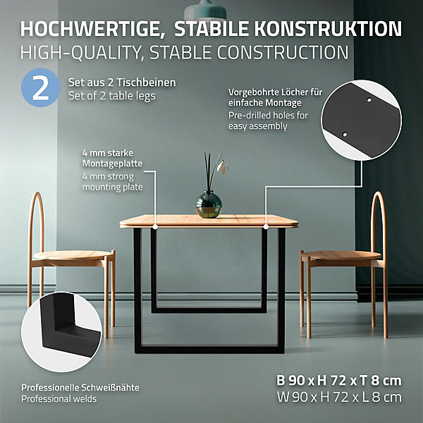 Lot de 2 pieds de table ECD Germany forme rectangulaire 90x72 cm noir acier revêtu par poudre