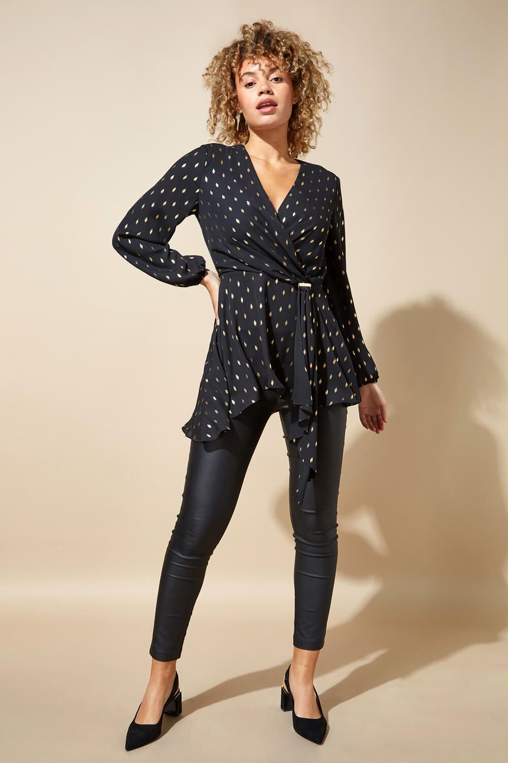 Roman Metallic Polka Dot Print Cross Over Top