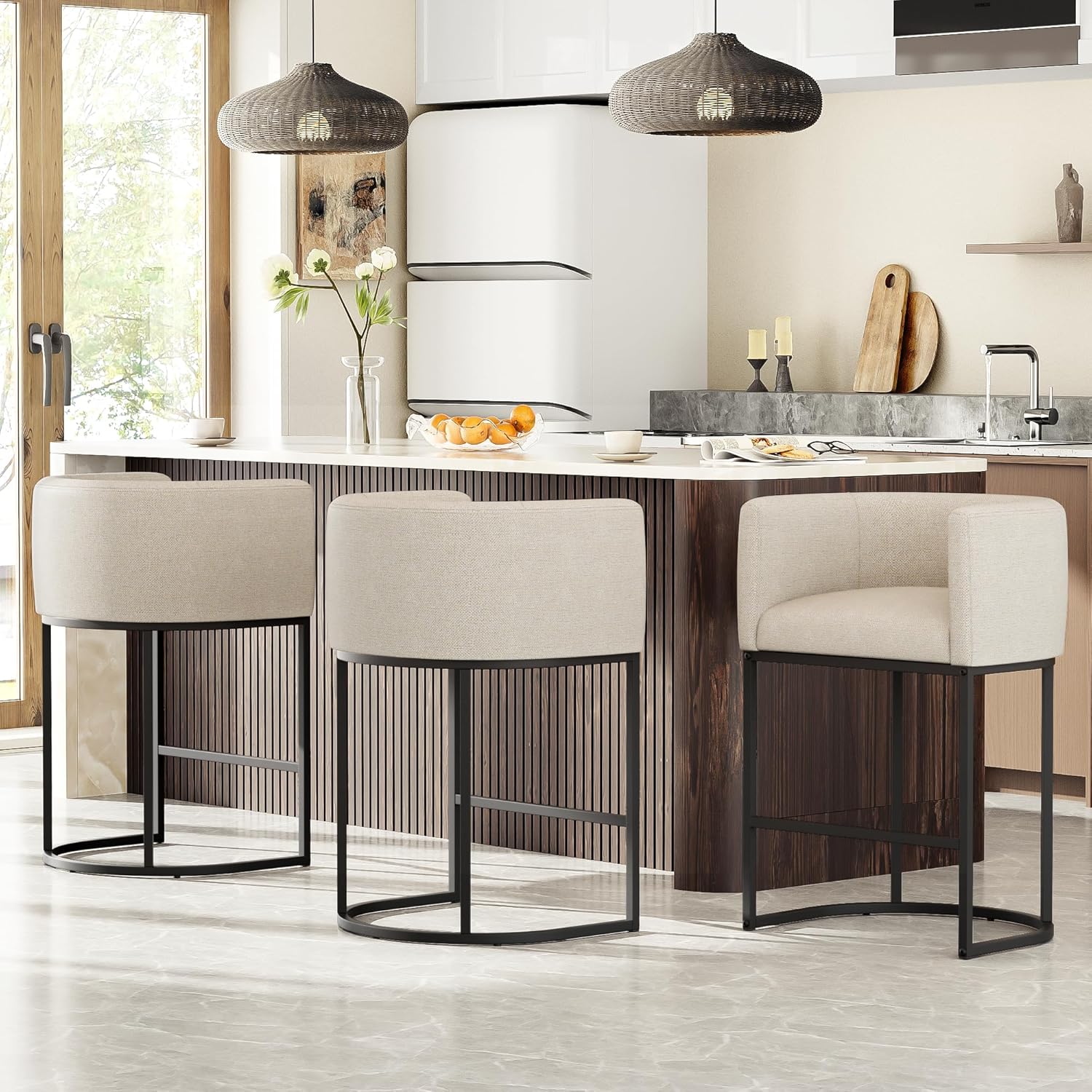 26 H Counter Height Bar Stools Set of 3, Modern Barrel Counter Stools with Backrest and Arms, Linen Fabric Upholstered Accent Barstools for Kitchen Island,Support 450 LBS (Beige)