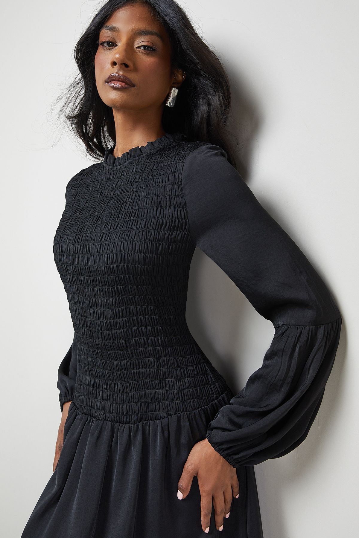 Warehouse Satin Shirred Bodice Balloon Sleeve Midi Dress