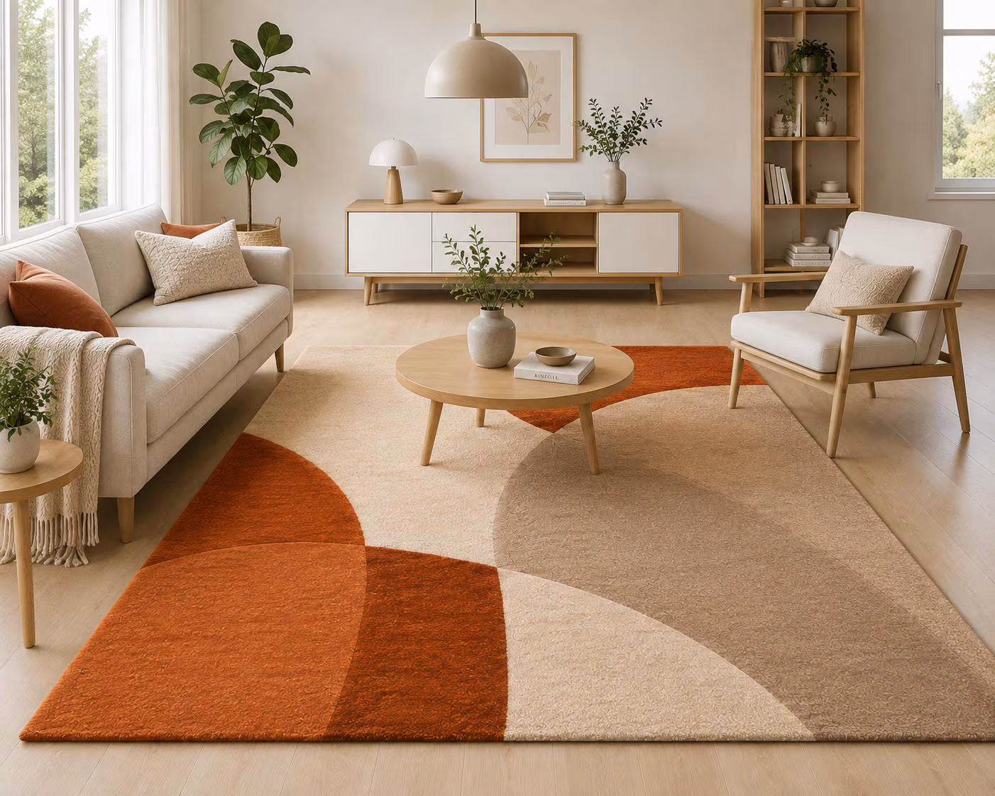 Hand Tufted Wool Rug, Modern Abstract Area Rug, Rust Terracotta Beige , Minimalist Geometric Living Room Handmade Carpet