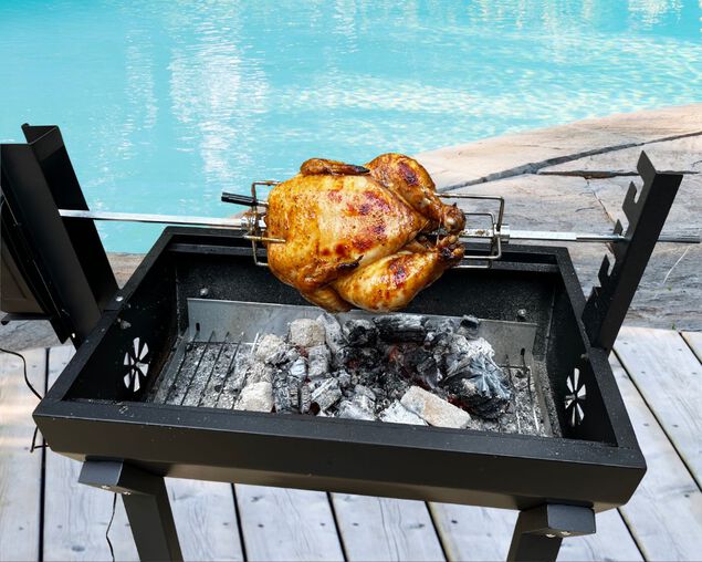 Billabong Portable Charcoal Spit Grill with Dual Power Option - 240V or 2 x 1.5V D Size Battery Operated (Batteries Not Included)