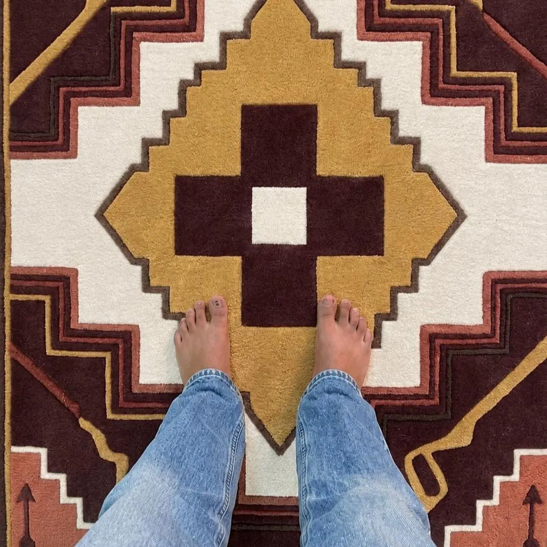 Southwestern Geometric Area Rug, Burgundy Rust Hand Tufted Wool Carpet for Living Room Decor