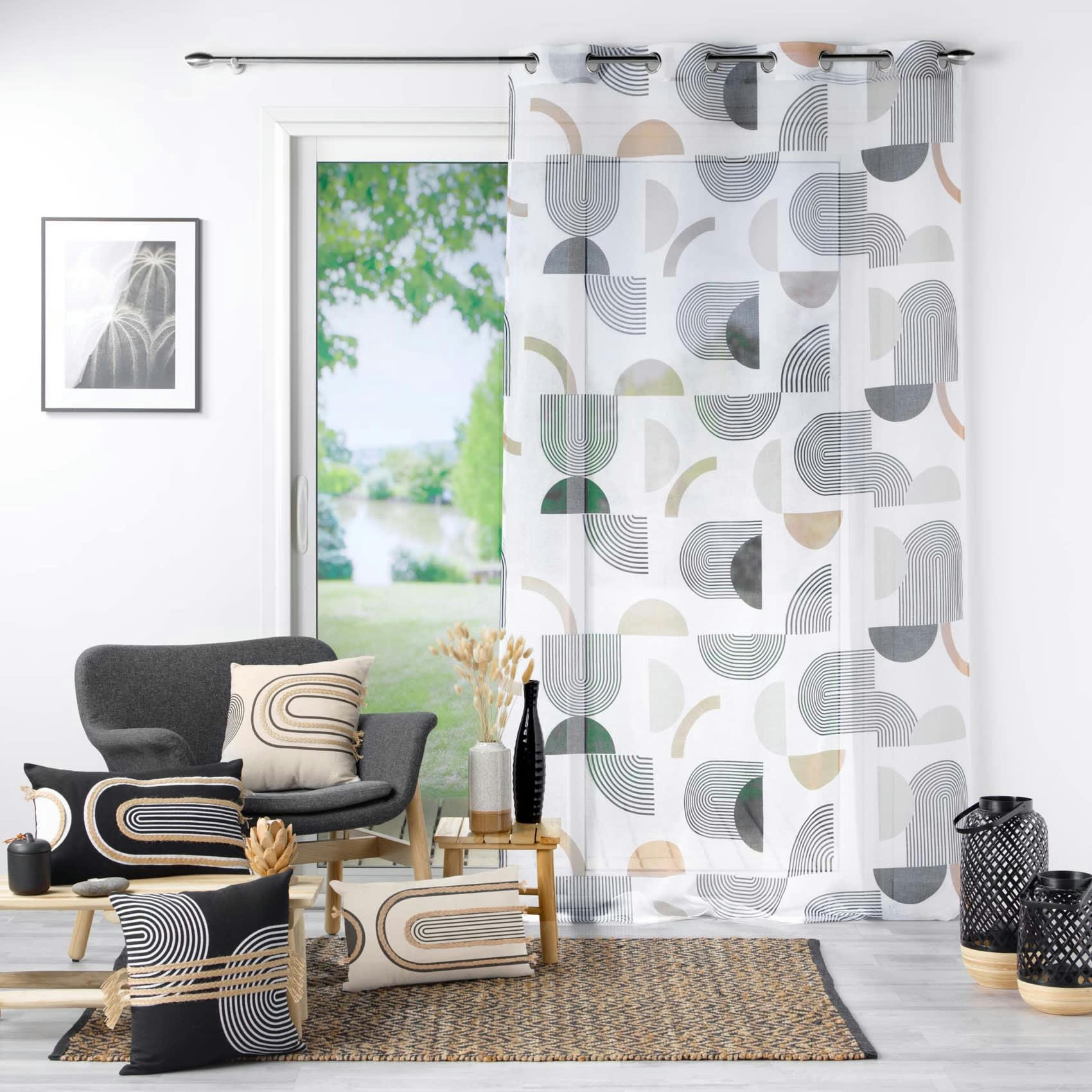 - Voilage sablé esprit graphique polyester blanc 140x240 cm