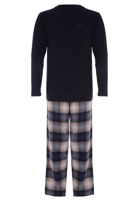 Mens Navy Check Jersey Woven Pyjama Set