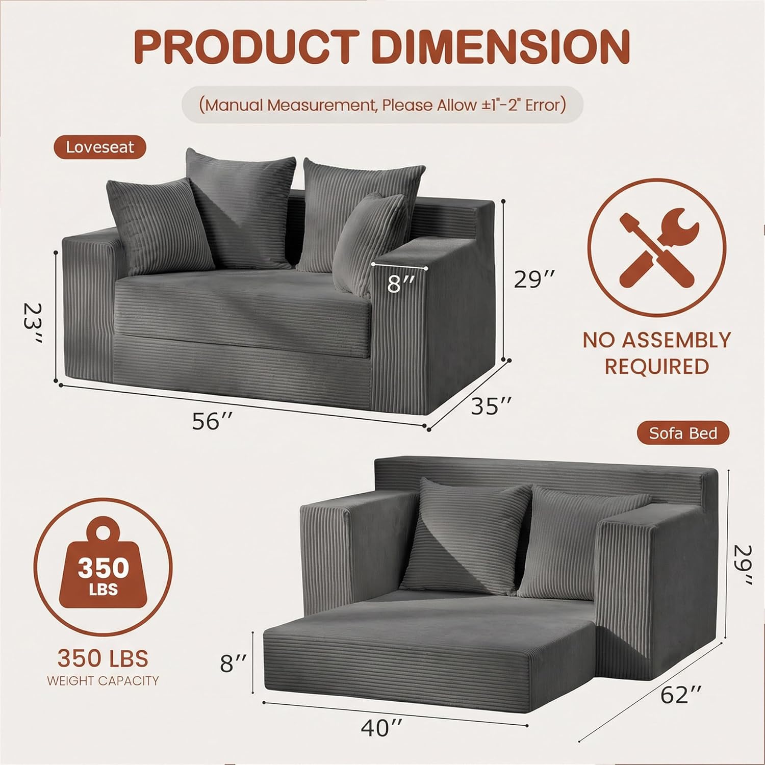 5 in 1 Convertible Sofa Bed,Small Boneless Couch Pull Out Loveseat Sleeper Sofa,Corduroy Futon Couch Folding Mattress with 4 Pillows for Living Room Bedroom Lounge (No Assembly)