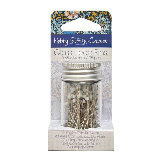 Blue Woodblock Floral Glass Head Pins 95 Pack