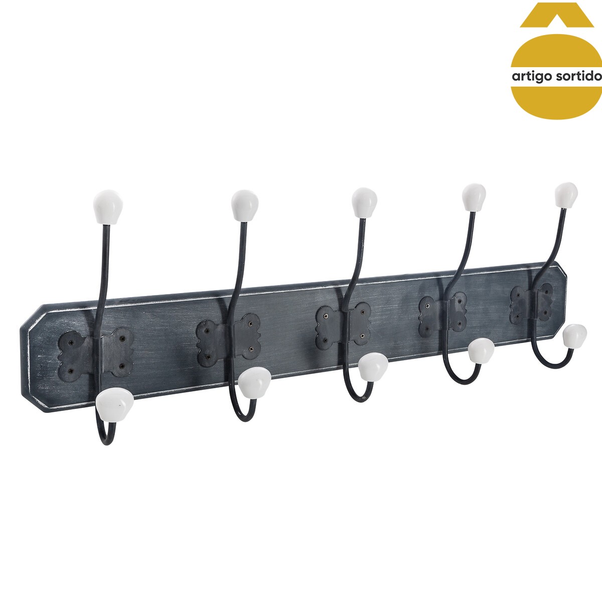 Cabide de madeira com 5 ganchos em cerâmica