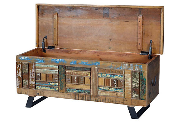 Coffre exclusive en bois recyclé multicolore