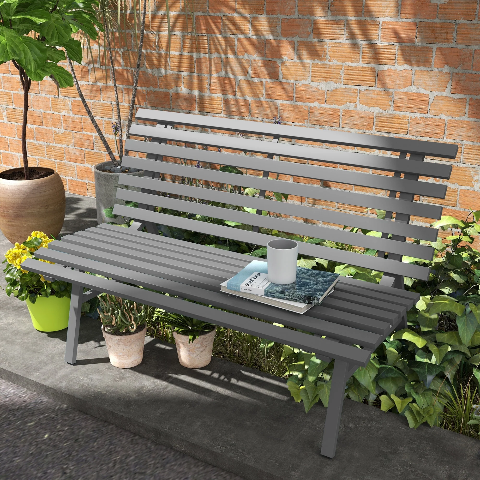 Outsunny 48.5 Garden Bench, Outdoor Patio Bench, Lightweight Aluminum Park Bench with Slatted Seat