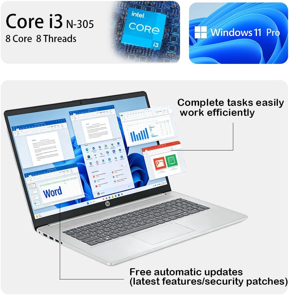 HP 17.3’’ Touchscreen Laptop Computer-Windows 11 Pro for Business & Home Use  8-Cores Intel i3-N305  32GB RAM  128GB eMMC+1TB PCIe M.2 SSD  720 HD Webcam  HDMI  Num Pad  Wi-Fi 6  1 Year Office 365
