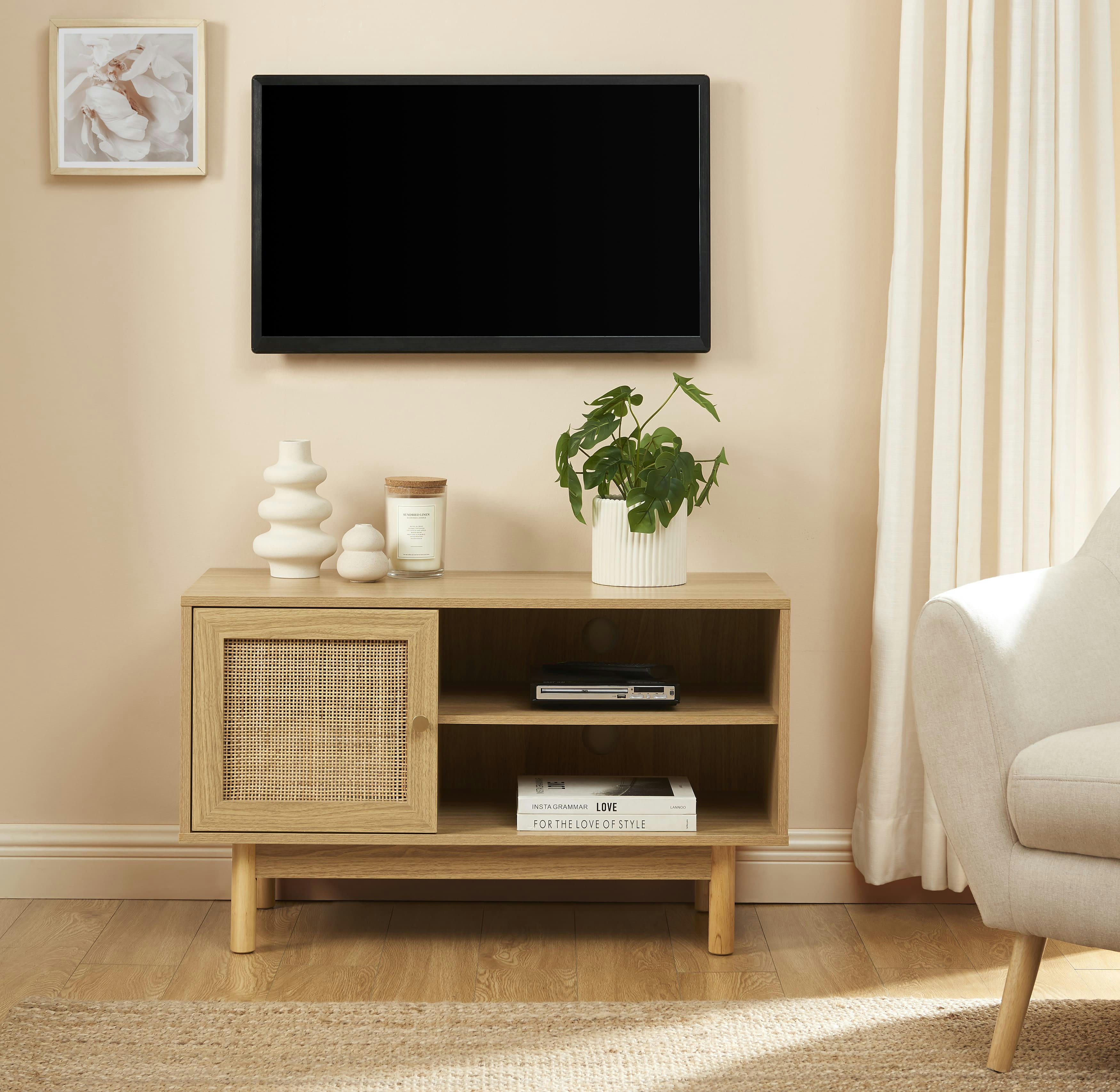 HELENA - Meuble tv  effet chêne et cannage rotin 90cm