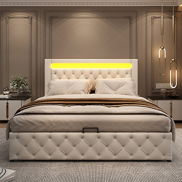 Lit 140x200 cm tapissé PU blanc avec rangement intégré et tête de lit LED, design classique et contemporain