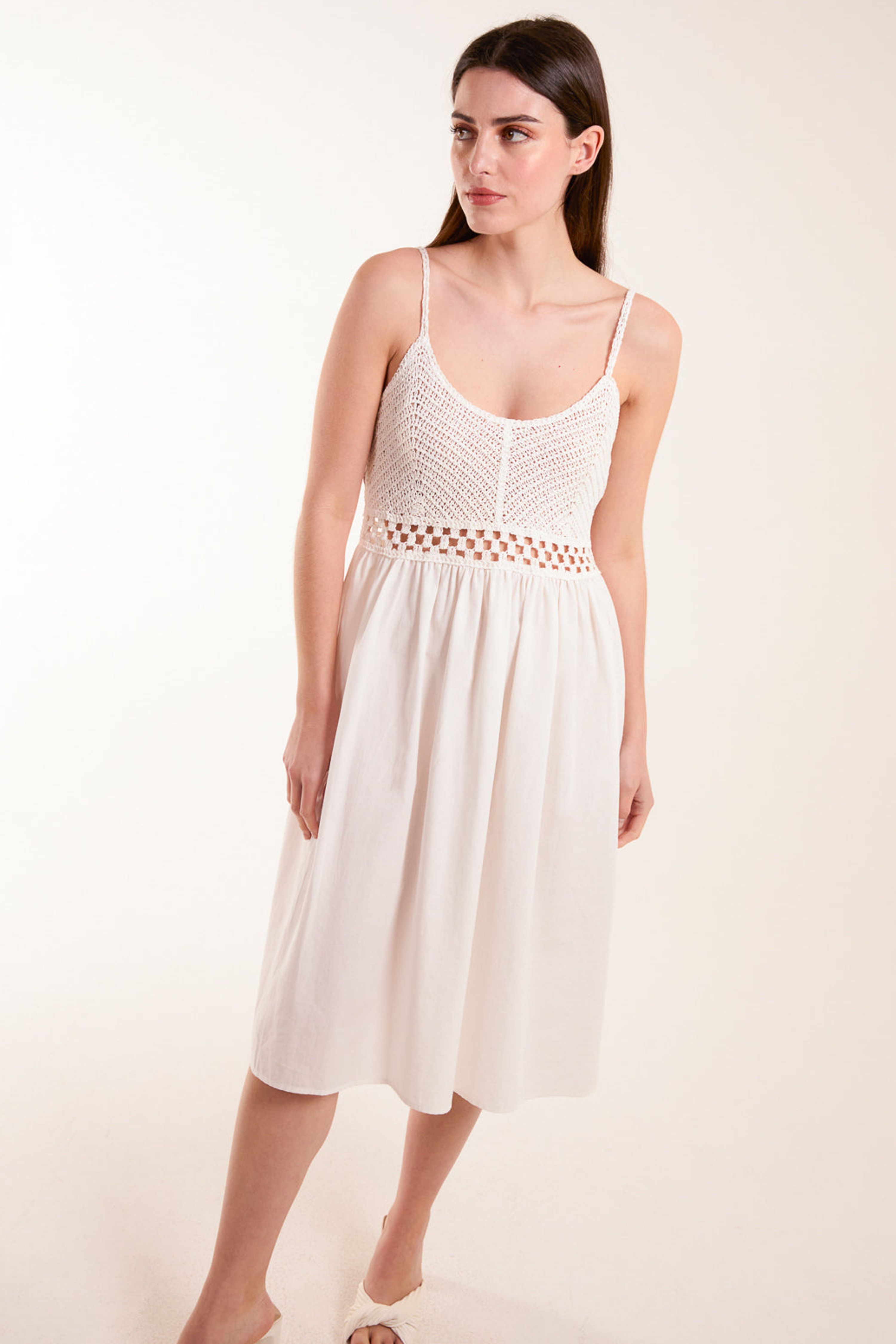 Blue Vanilla White Crochet Strap Midi Cami Dress