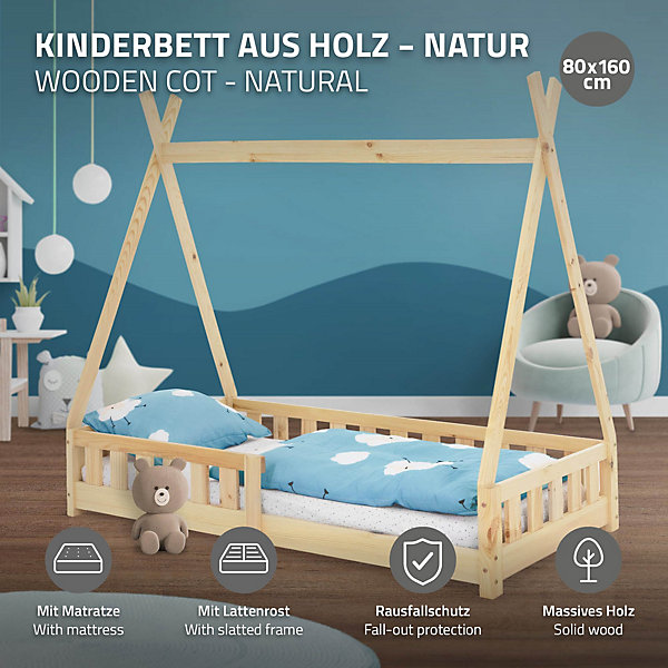 Lit d'enfant ML-Design Tipi 80x160cm naturel en bois de pin massif avec sommier matelas style indien