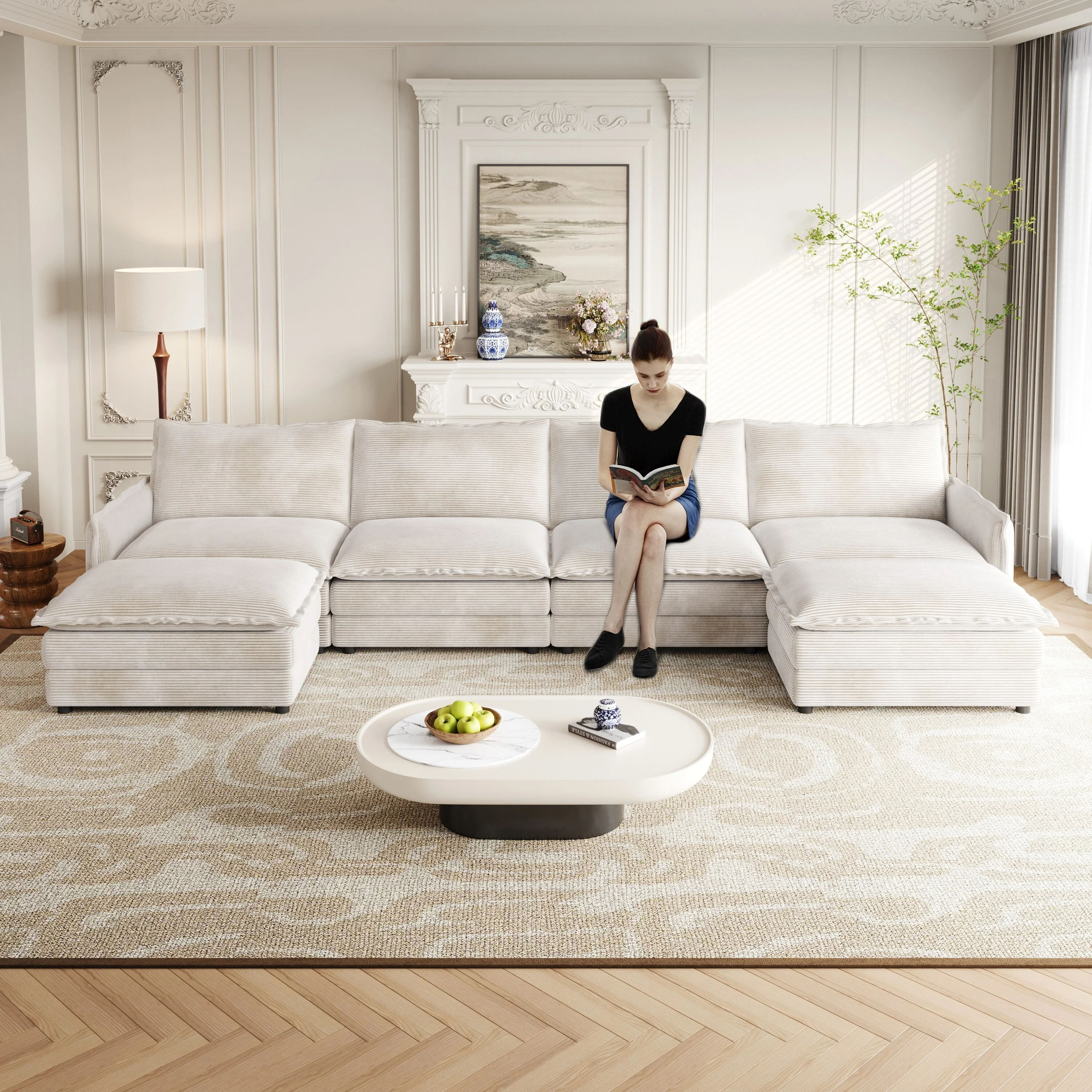 4-Seater Couch with 2 Ottomans, Corduroy Upholstered Cloud Sectional Deep Seat Sleeper Sofa U-Shaped Modular Couch