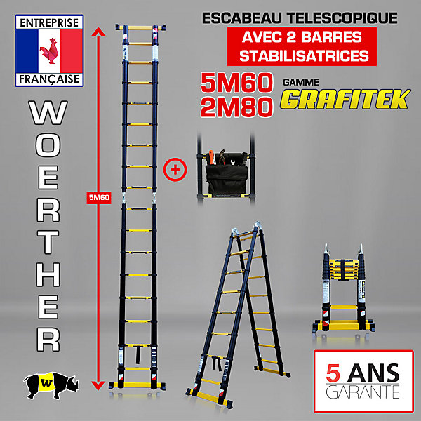 Escabeau-échelle télescopique Woerther 5m60/2m80 avec double barres stabilisatrices plus sac porte outils