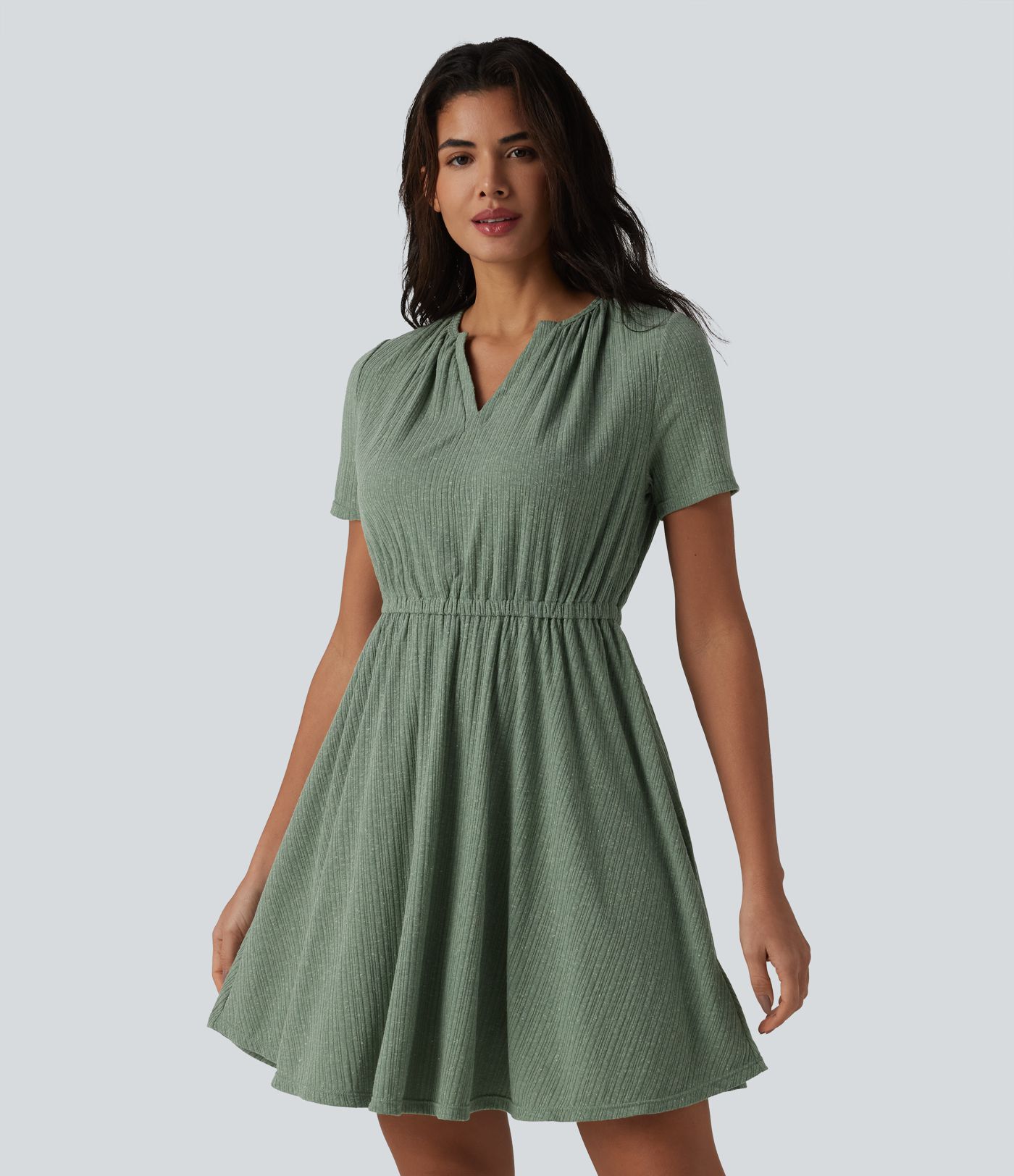 Robe mini évasée décontractée, maille côtelée en lin mélangé, col V, manches courtes
