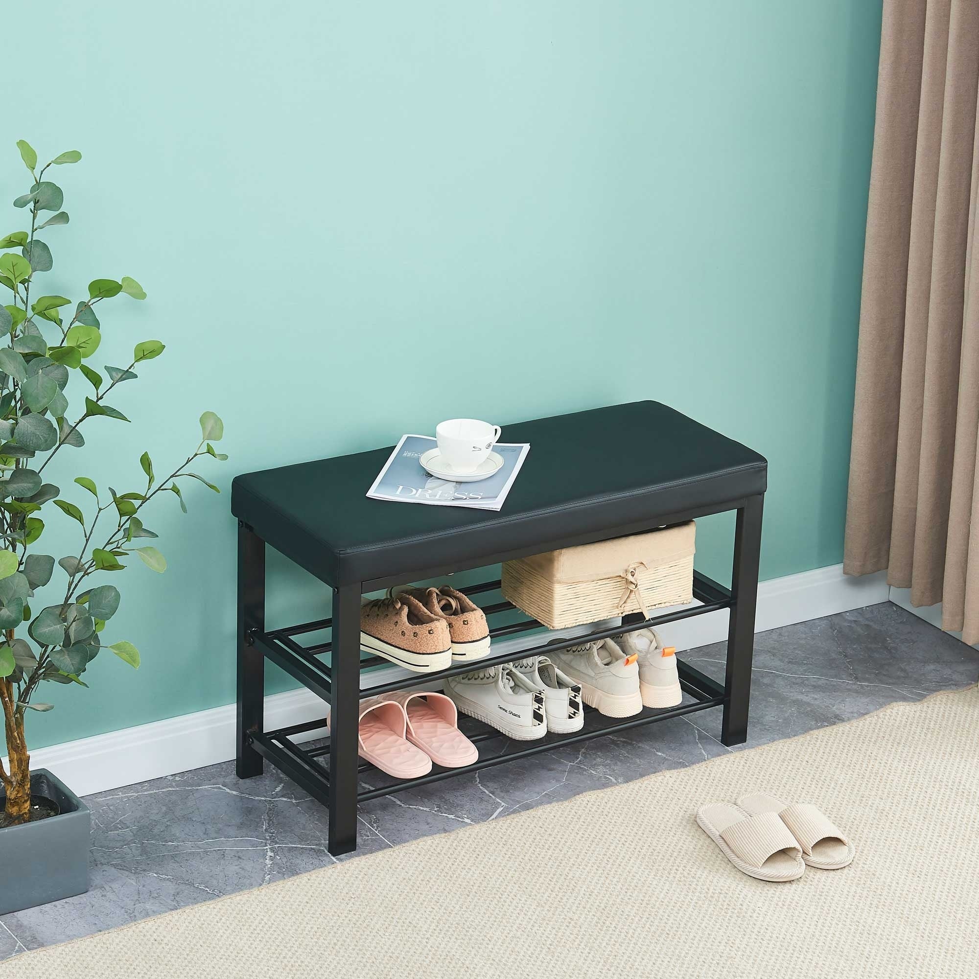 Shoe Rack Bench Ottoman Upholstered for Entryway Living Room Hallway