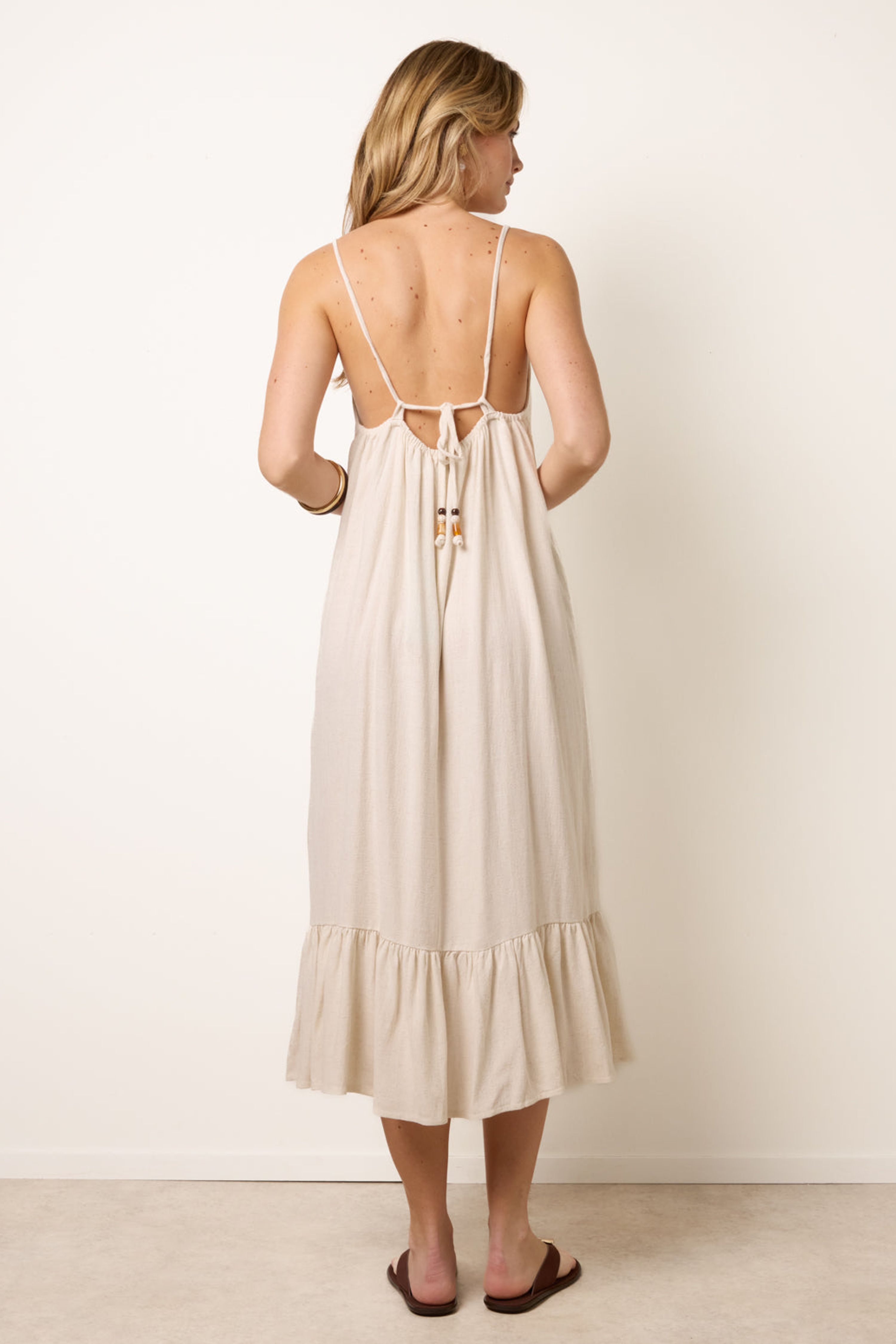 Blue Vanilla Off White Natural Textured Dress With Bead Details