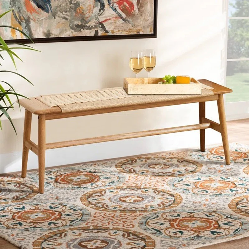 Grondin Boho Style Indoor Solid Oak Wood Bench with Woven Rope Seat and Mortise Tenon Joint for Entryway Bedroom Dining Room