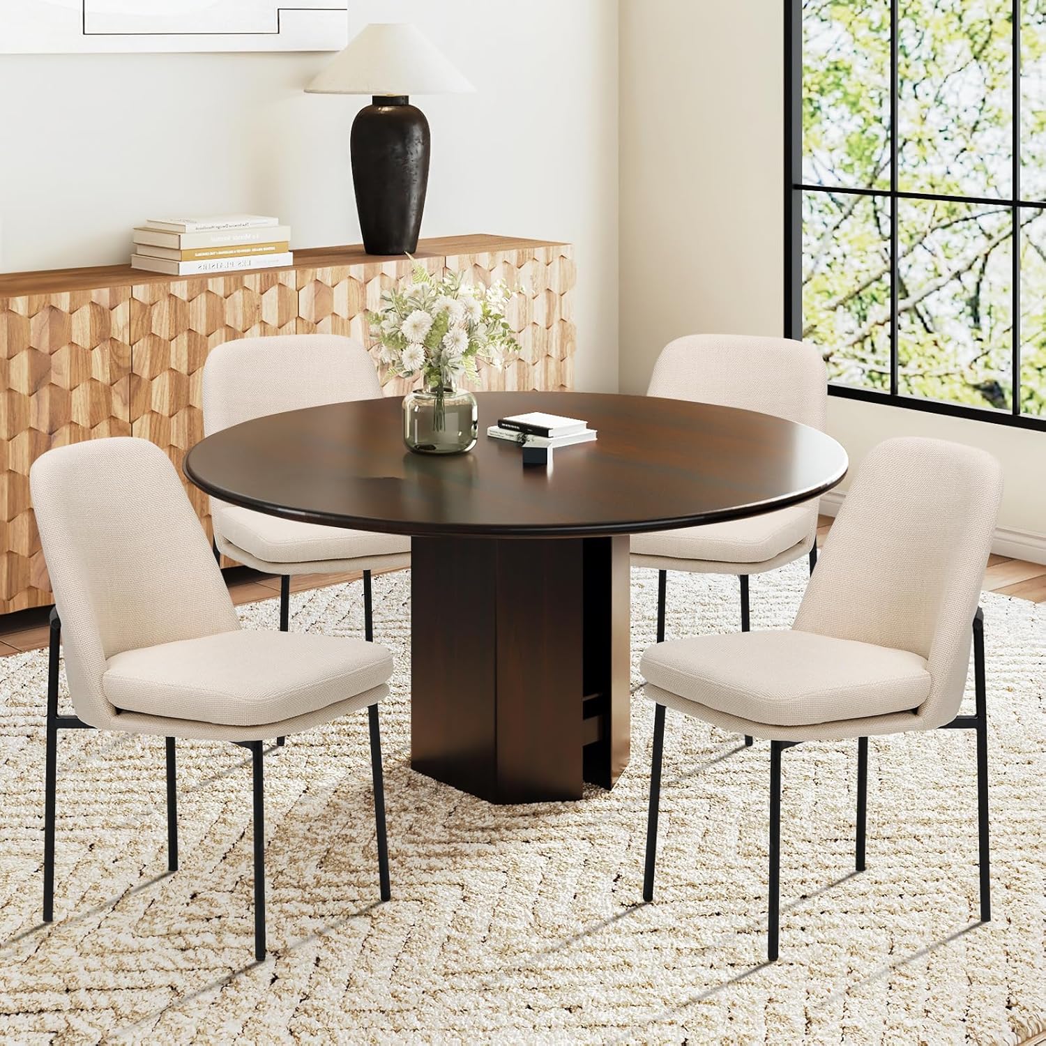 COLAMY Dining Chairs Set of 4, Modern Dining Chairs, Fabric Upholstered Dining Chairs, Kitchen Chairs with Curved Back and Metal Legs for Dining Room Kitchen Restaurant, Beige