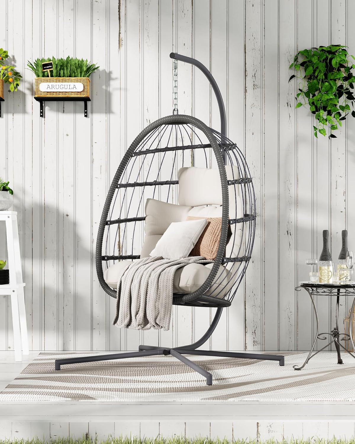 FREDEES Egg Swing Chair with Stand, Outdoor Hanging Egg Chair with Cushion for Patio/Porch/Balcony/Indoor (Beige)