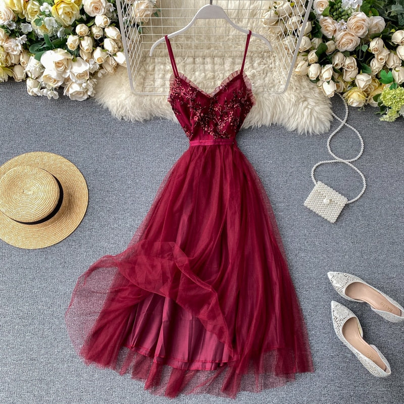 Romantic Red Spaghetti Strap Mesh Cocktail Party Dress