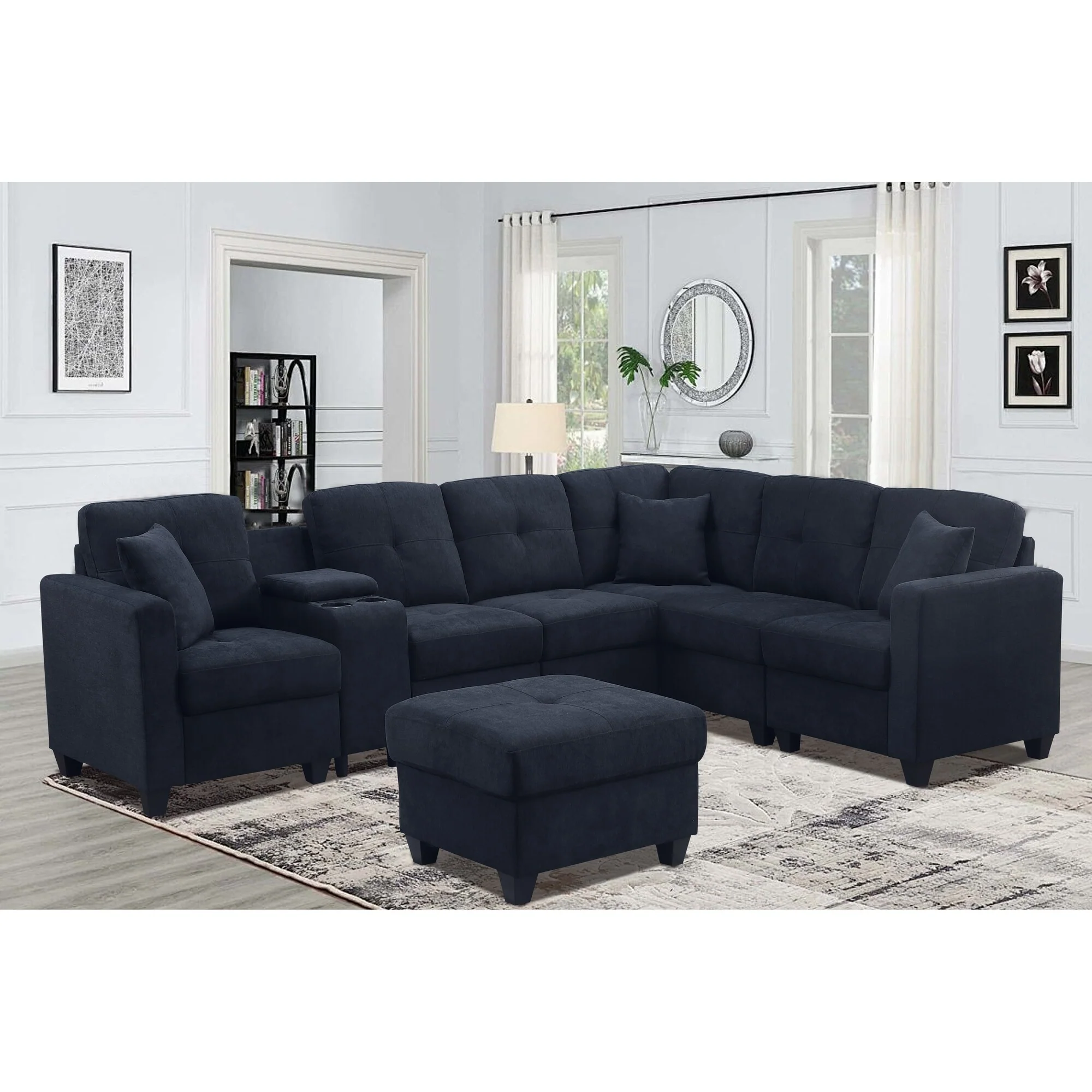 Dark Blue Velvet 7-Seat Sectional Sofa 127 Inch Plush Microfiber Solid Wood Frame