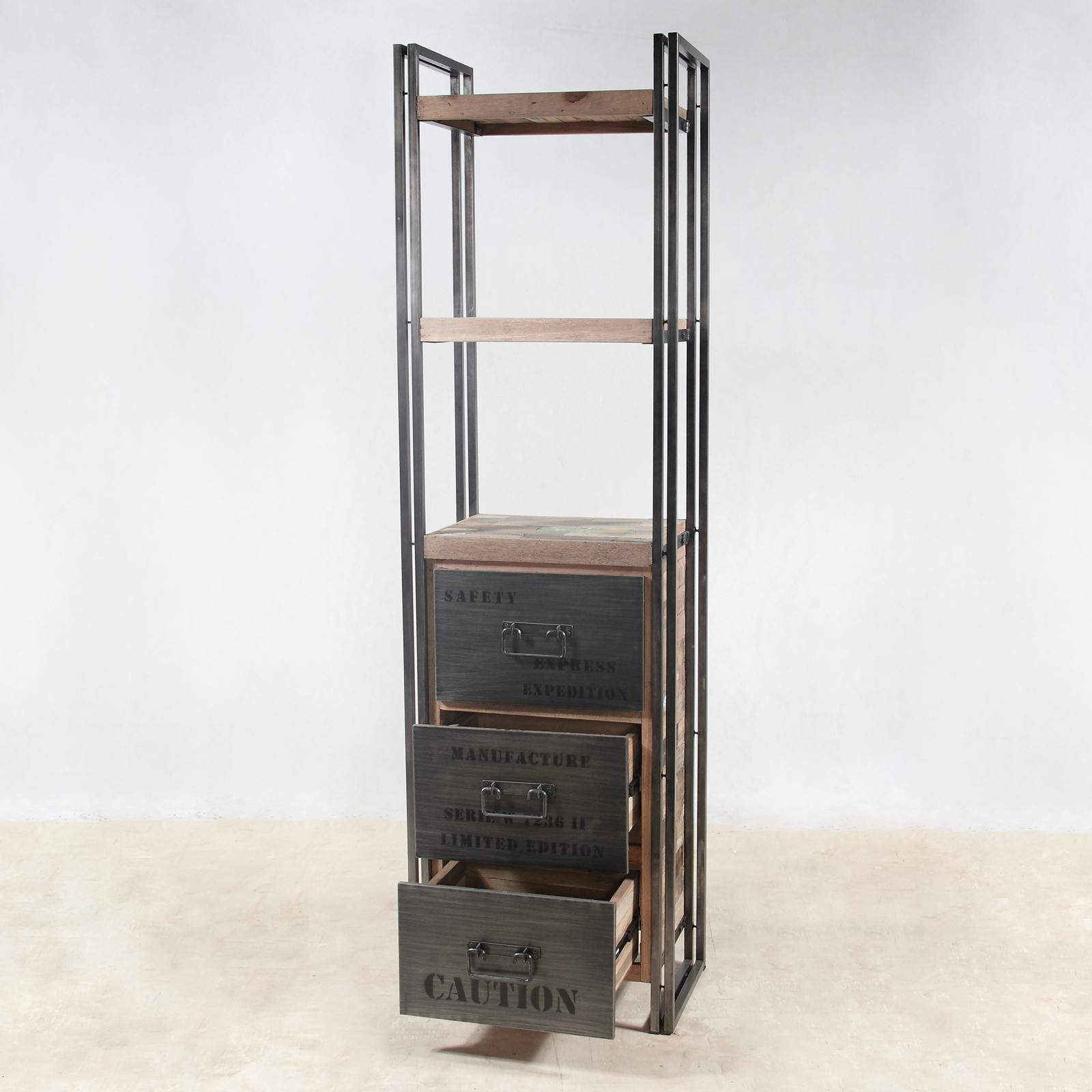 Etagère bois recyclé 3 plateaux 3 tiroirs 60x210 CARAVELLE