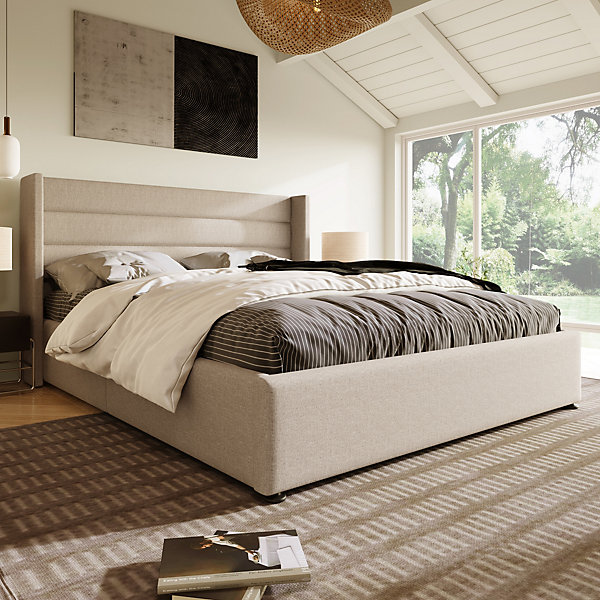 Lit 160x200 cm avec coffre hydraulique et tête de lit rembourrée en lin beige, design moderne