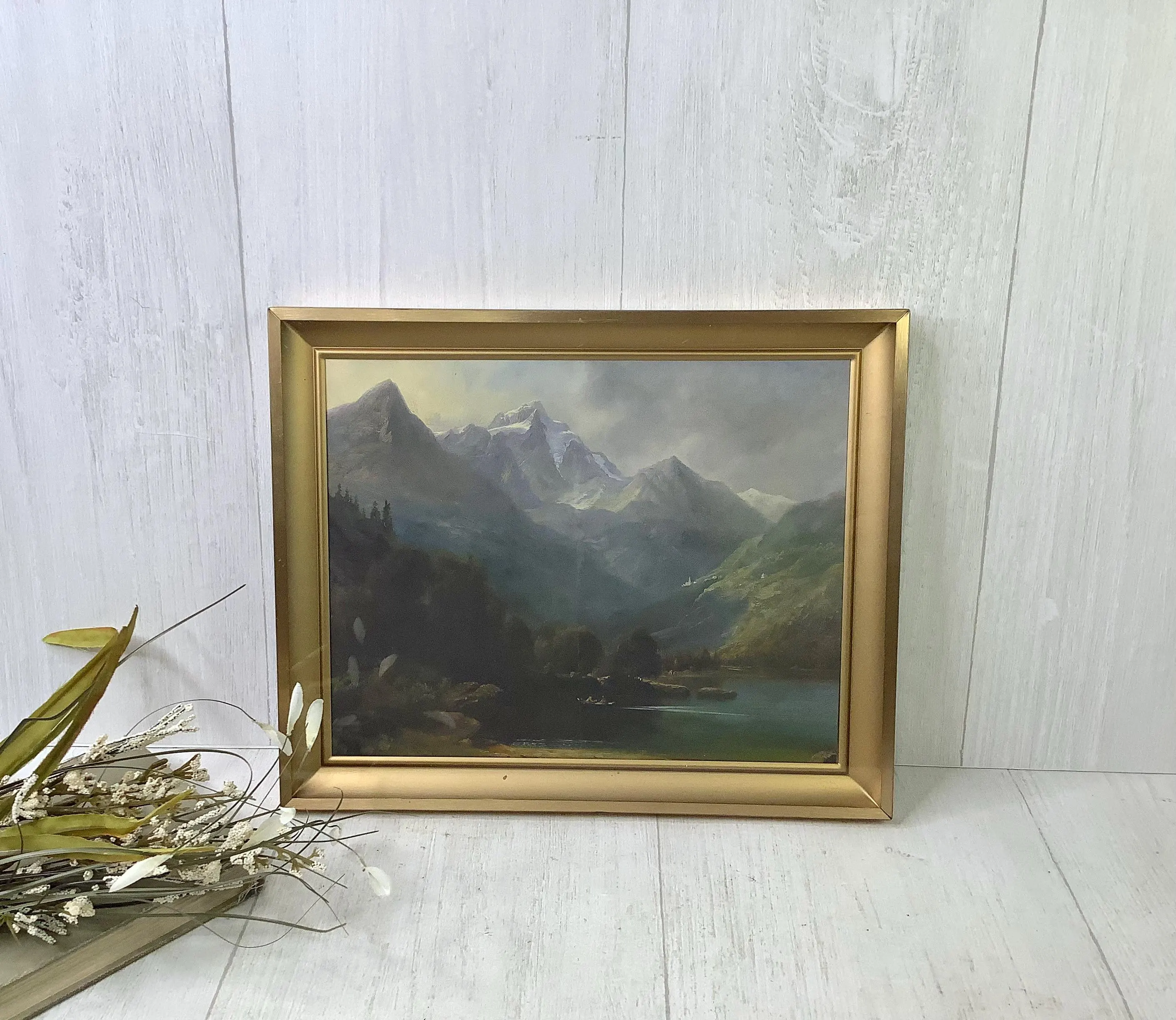 Vintage Large Gold Metal Shadow Box Framed Mountain Scene Print/ Mid Century 8x10 Framed Landscape in Gold Brass Frame/ Rustic Farmhouse