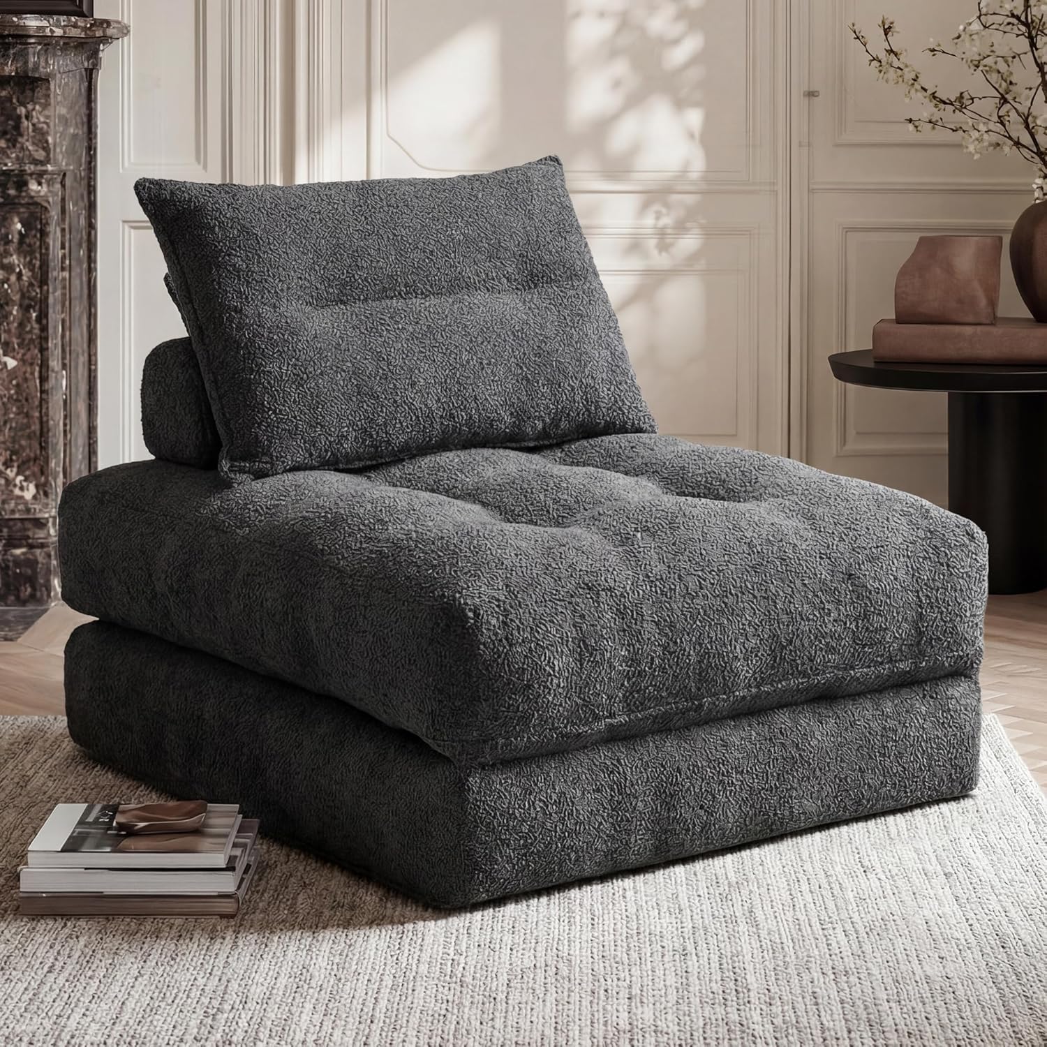 MONVANE Folding Sofa Bed, Fold Out Chair Bed with Pillow, Convertible Sleeper Chair for Living Room/Small Spaces, Foldable Lazy Sofa Bed Floor Chair, Comfy Teddy Velvet Couch Bed, Grey
