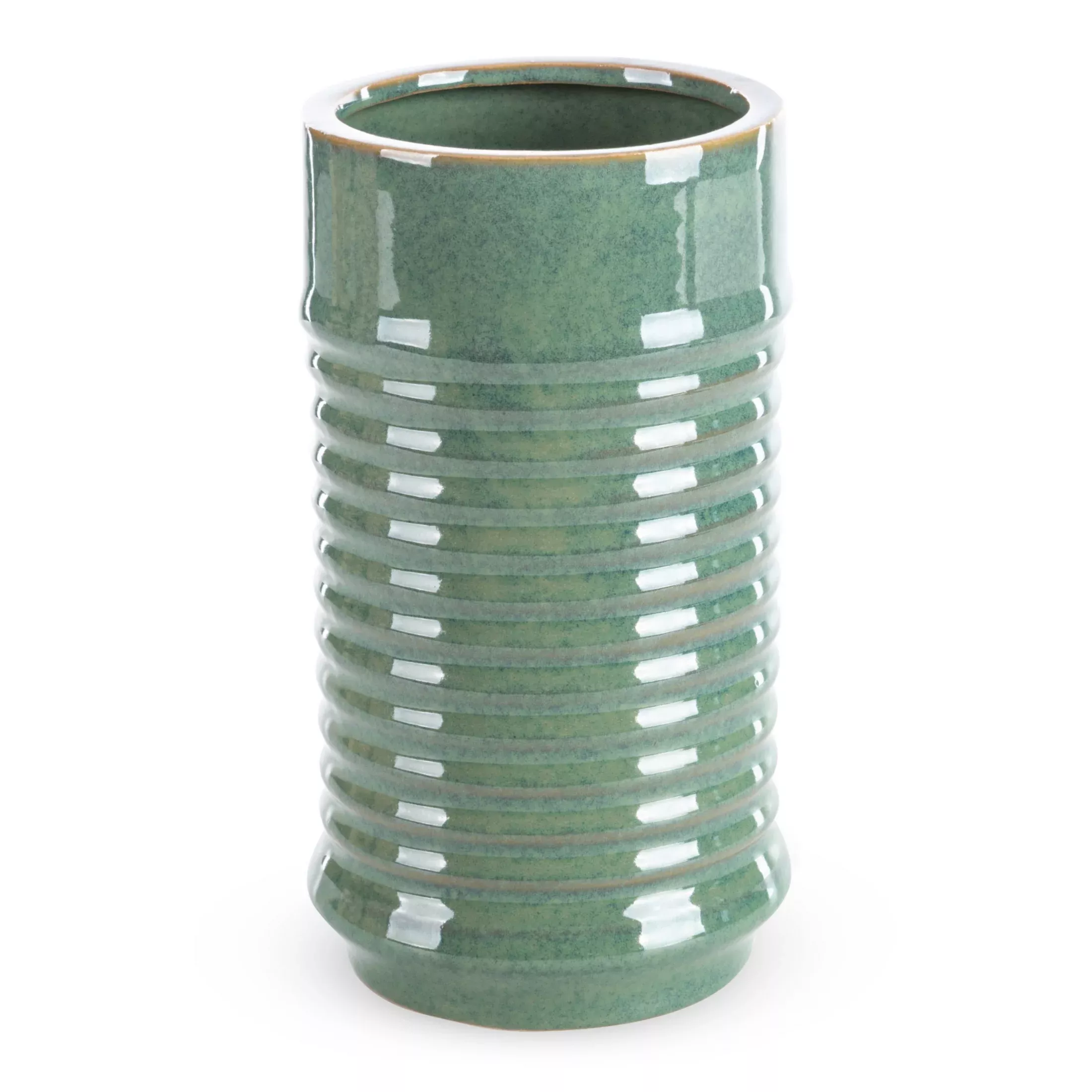 Wazon ceramiczny zielony o kształcie walca ze żłobieniami średnica 15x26 cmSAMI
