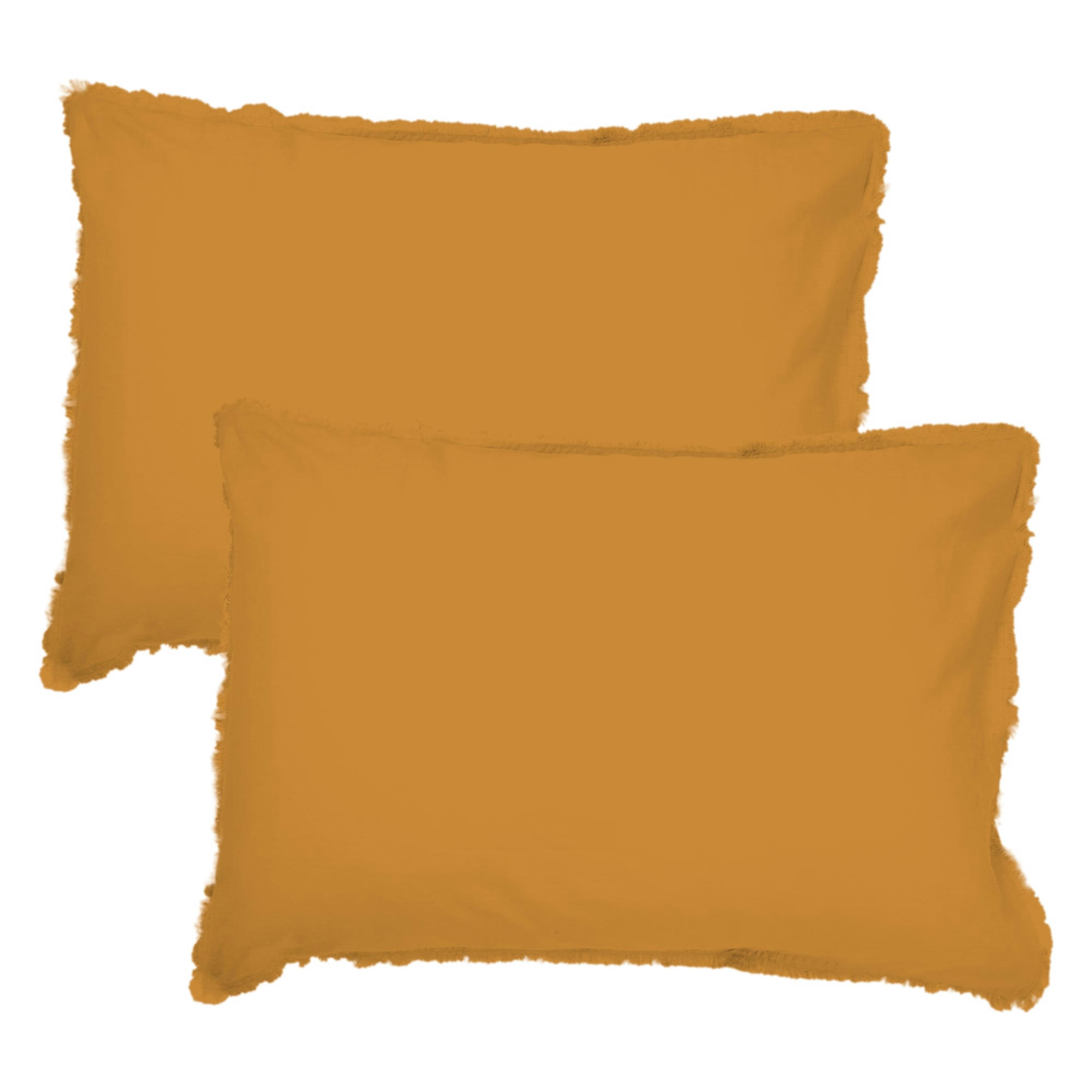COTON LAVÉ - Set de 2 taies d’oreiller unies finition à franges Caramel 65x65cm