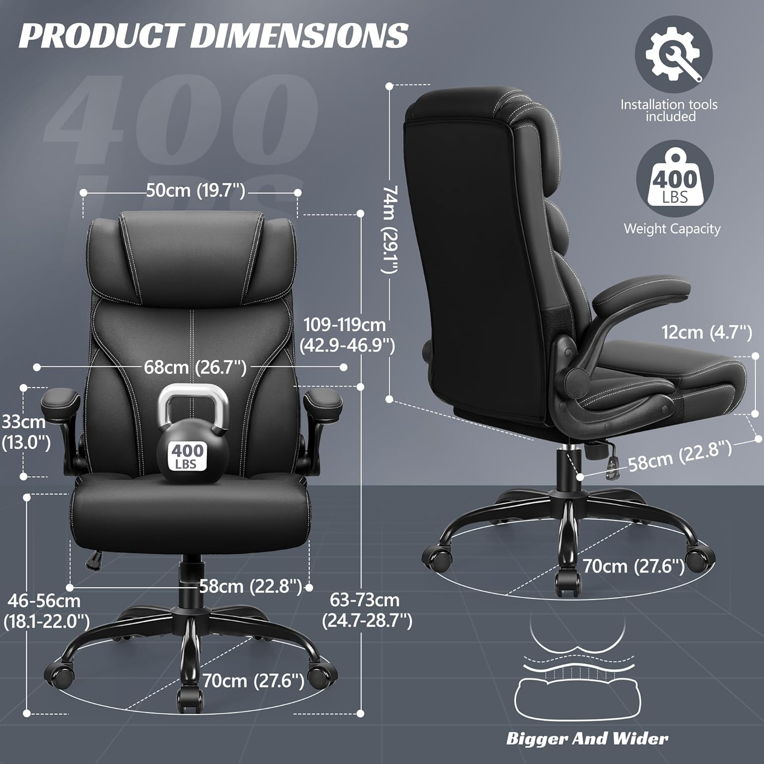 HeroSet Office Chair, Ergonomic Big and Tall Computer Desk Chairs, Executive Breathable Leather Chair with Adjustable Flip-up Armrests, Lumbar Support Swivel PC Chair with Rocking Function