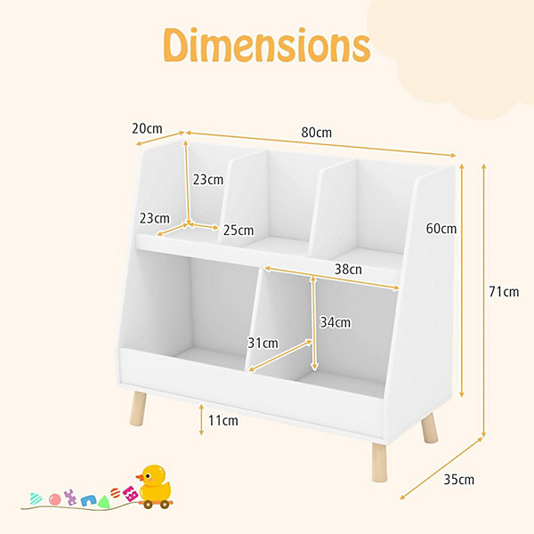 Meuble de Rangement Enfant Bibliothèque Enfant en Bois à 2 Niveaux pour Livres Jouets Coins Arrondis Anti basculement
