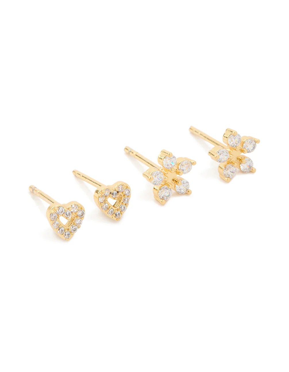 Kids Gold Plated Surgical Steel Cubic Zirconia Flower & Heart Stud Earrings 2-Pack