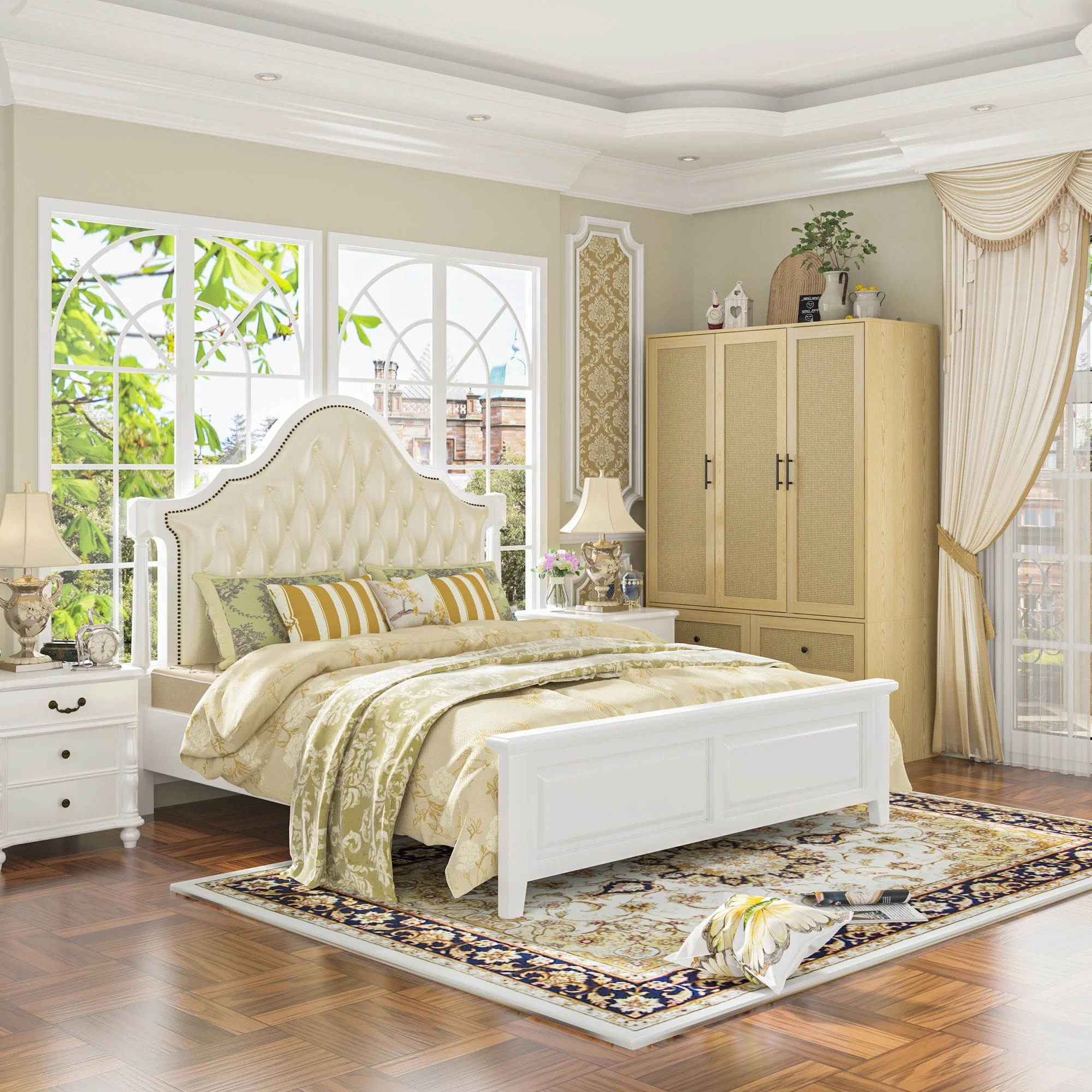 47.2W Modern Rattan Door Armoire with Spacious Storage Wardrobe