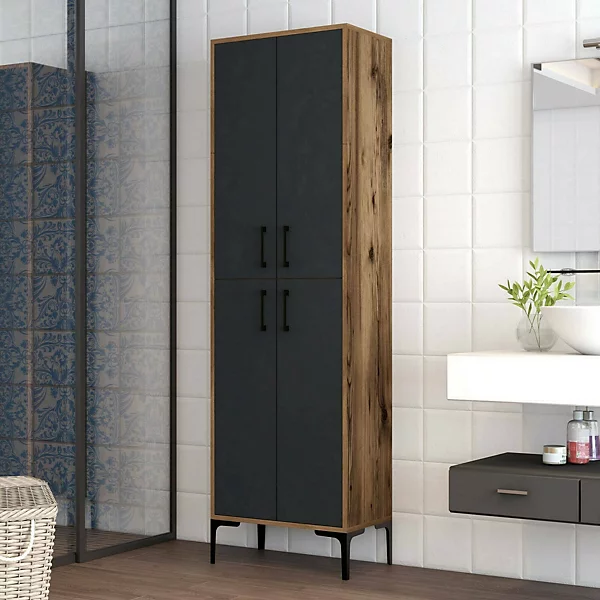 Buffet Denipot, Buffet du salon, Commode de salon, Garde-manger de cuisine, 60x35h200 cm, Noyer et Anthracite
