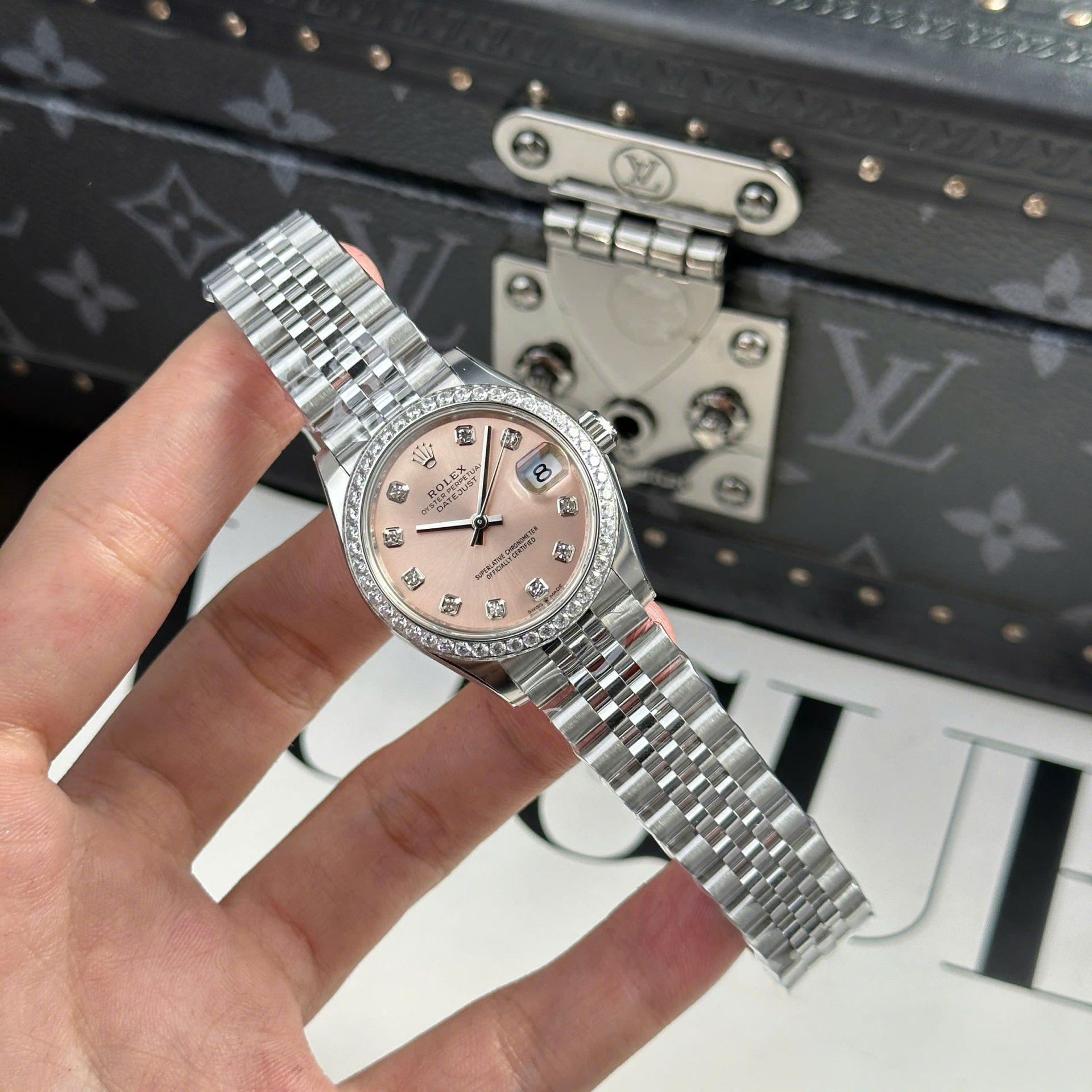Rolex Datejust 316L Steel Pink Dial Bezel Diamonds 31mm Jub AAA Replica
