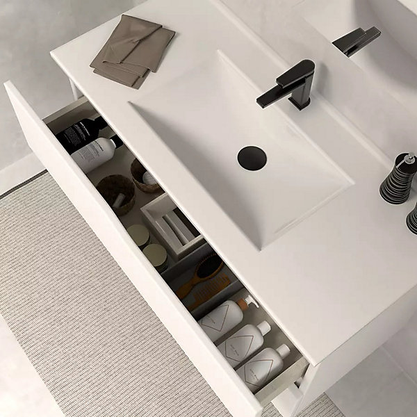 Meuble sous vasque seul, 2 tiroirs, 80cm, simple vasque - blanc mat - LUNA