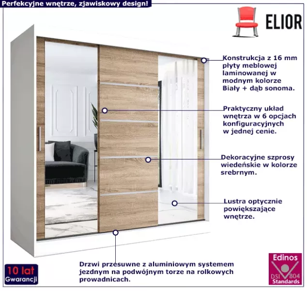 Szafa przesuwna 200 cm biały   dąb sonoma - Vereon
