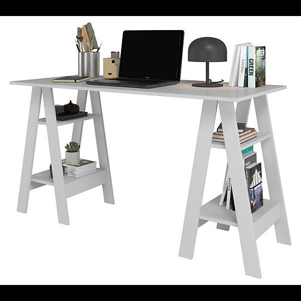 Bureau 2 Tréteaux 4 Niches 4 Etagères Blanc L 135 H 75 P 60 cm - L 135 x l 60 x H 75 cm