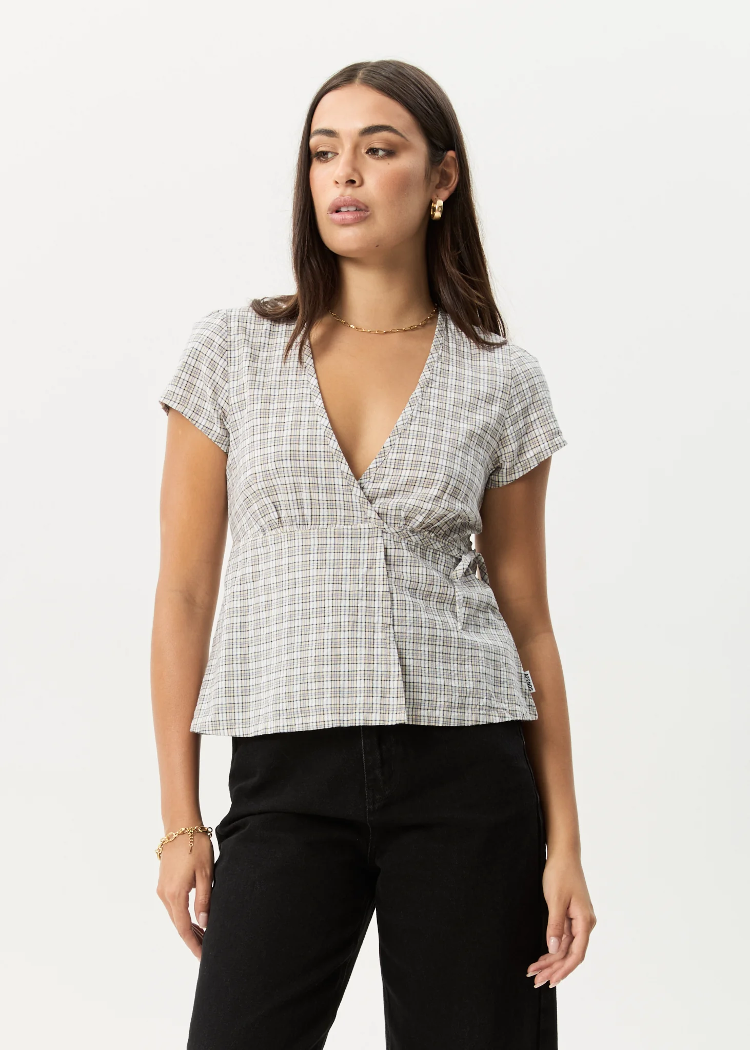 AFENDS Womens Drew - Seersucker Tie Top - Taupe Check