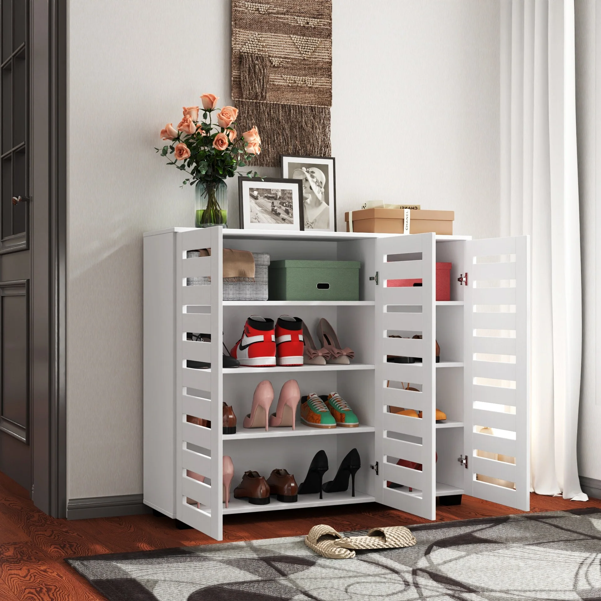 Free Standing Shoe Rack Adjustable Storage Organizer 4 Tier Shoe Rack Shelves, Shoe Cabinet with Louvered Doors