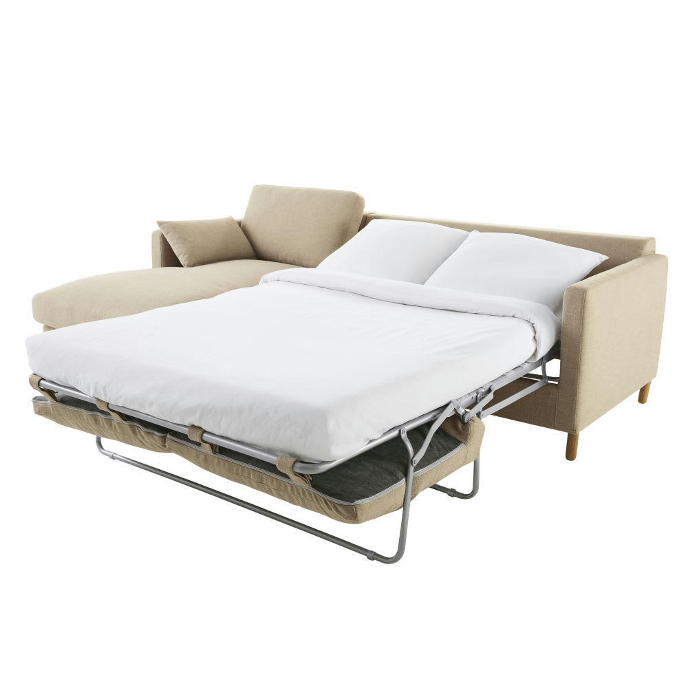 Julian - Canapé d'angle gauche convertible 5 places beige, matelas 10 cm