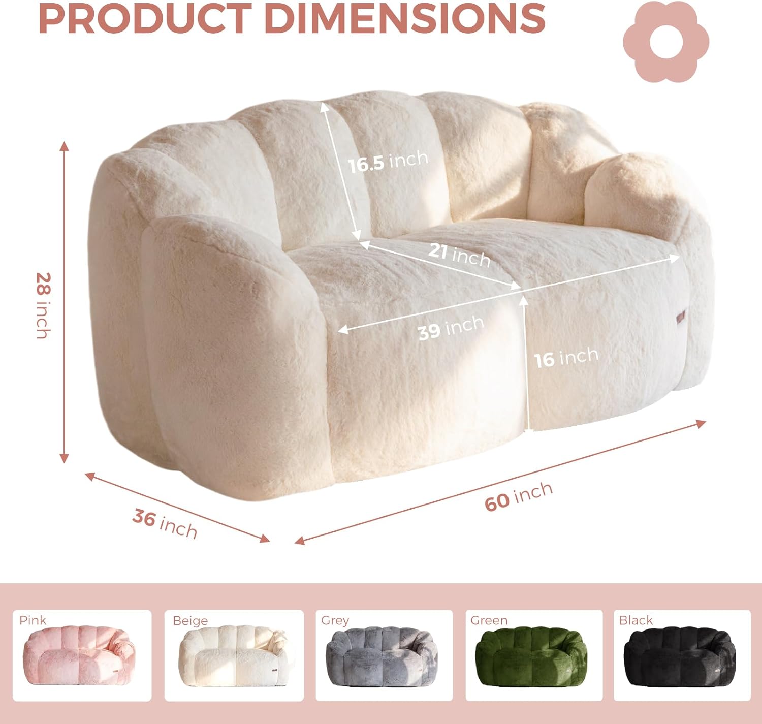 MAXYOYO Bean Bag Chair for Adults, Loveseat Floral Shaped Bean Bag Sofa, Ultra Soft Love Seat Mini Sofa Couch, Faux Fur Reading Chair for Living Room Bedroom, Beige