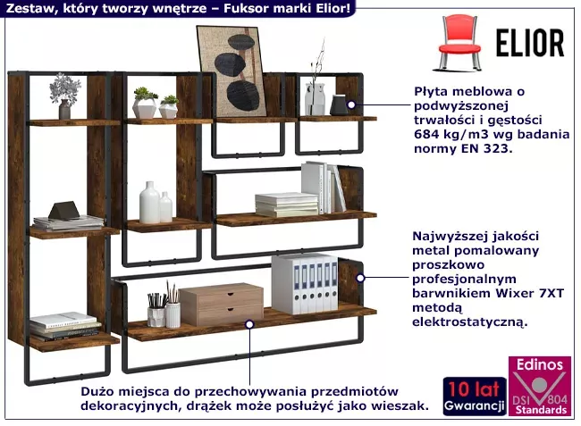 Industrialny zestaw 6 półek ściennych przydymiony dąb - Mareon